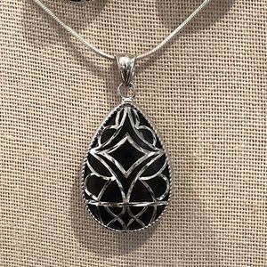Black Onyx Cabochon Teardrop and Sterling Silver Filigree Overlay Necklace